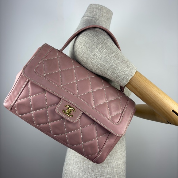 SOLD - CHANEL Pink Calfskin Wild Stitches Vintage Handle Flap Bag Large GHW - Picture 15 of 16
